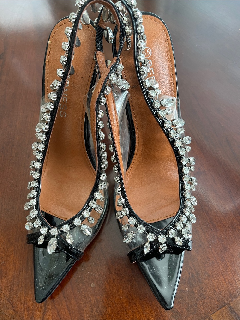 Crystal-Embellished Black Patent Pointed Slingback Heels